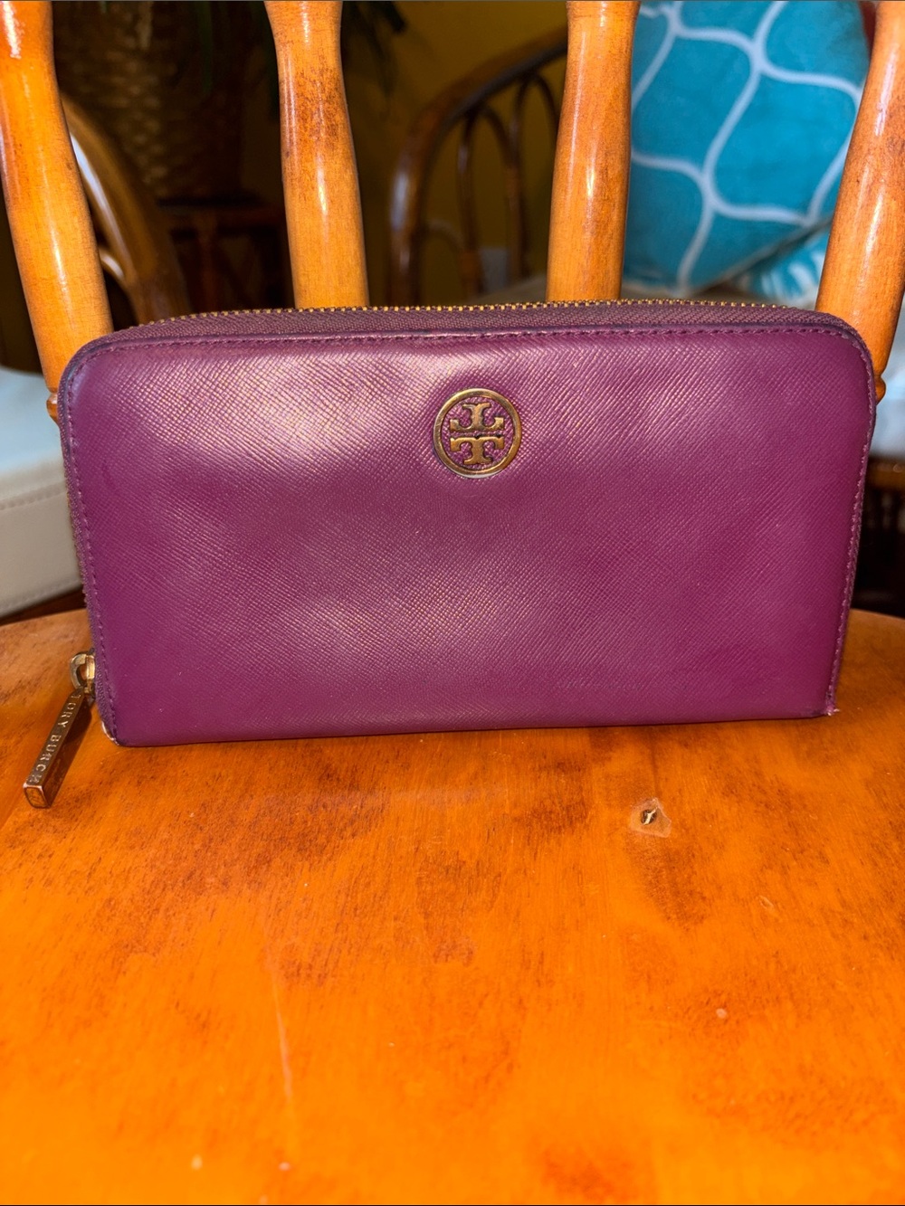 Tory Burch Purple Saffiano Zip Wallet with Gold Logo